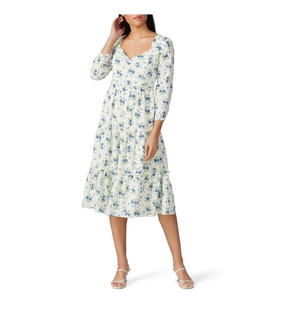 Sweet Baby Jamie Ivory Floral Print Tiered 3/4 Sleeve Midi Dress Size XL